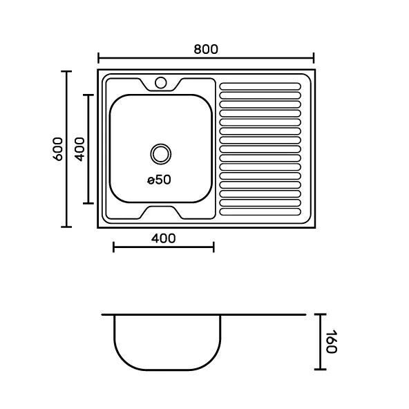 Мойка накладная 60х80см, левая,толщина 0,4мм, глубина 160мм,без сифона