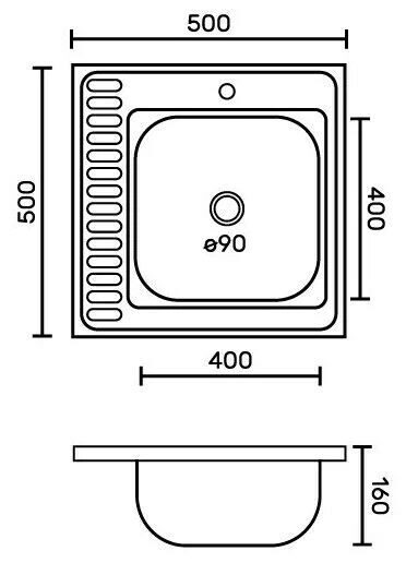 Мойка накладная 60х60см,правая,толщина 0,6мм.,глубина 160+большой сифон с переливом